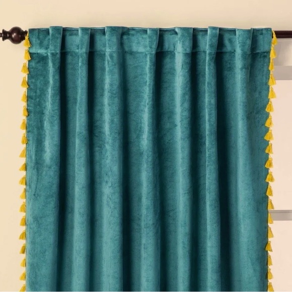 Velvet Teal light filtering drapes with tassels - Picture 1 of 7